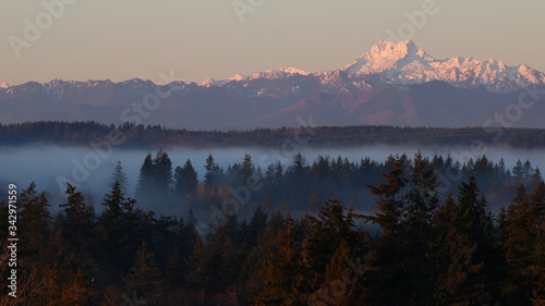 Morning light and mist on the Olympics