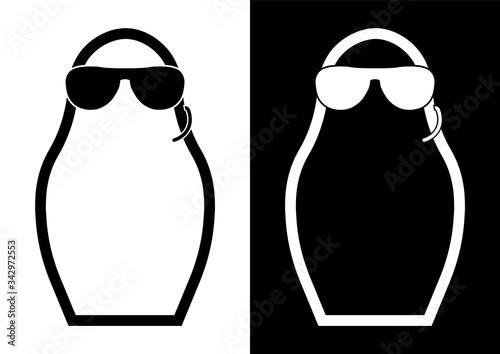 Icon, Russian matryoshka, nesting doll in the image of a special services agent with black glasses and an intercom. Surveillance of the population, special operations. Isolated black white vector