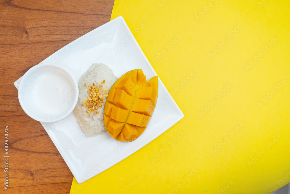 Mango Sticky Rice.Pulut Mangga. Thai dessert flatlay