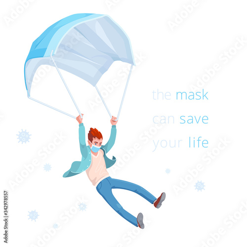 Mask can safe your life. Conceptual vector sticker. Man slowly flies down, using a disposable medical mask like a parachute. Banner about the need to wear a face mask during the coronavirus epidemic.