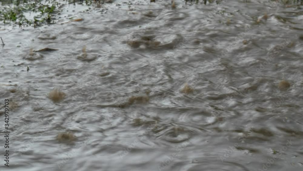 Rain drops fall on a huge landslide with a flowing dirty big puddle. Natural disaster. Rain drops fall on a huge landslide with a flowing dirty big puddle. Natural disaster.