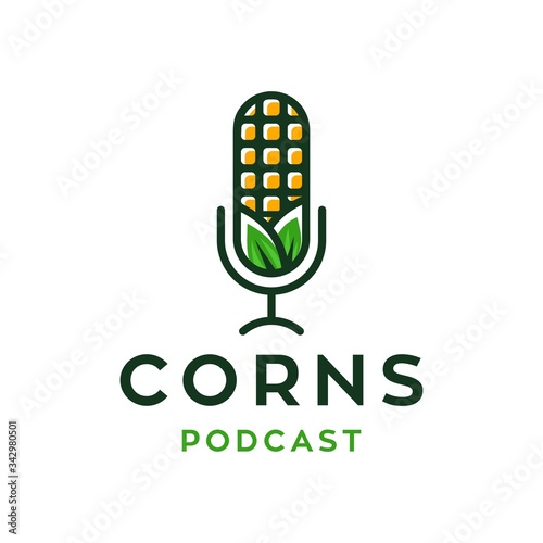 podcast talk show logo with mic and corn, colorful natural crops corn plant podcast logo with microphone icon illustration 
