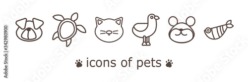 set of six icons with pets in a linear style on a white background