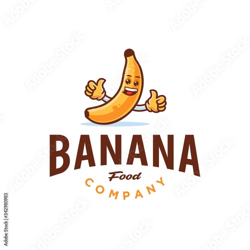 banana character mascot logo icon with hands sign like, smile. banana food product logo , banana drink icon jn modern style colorful illustration,