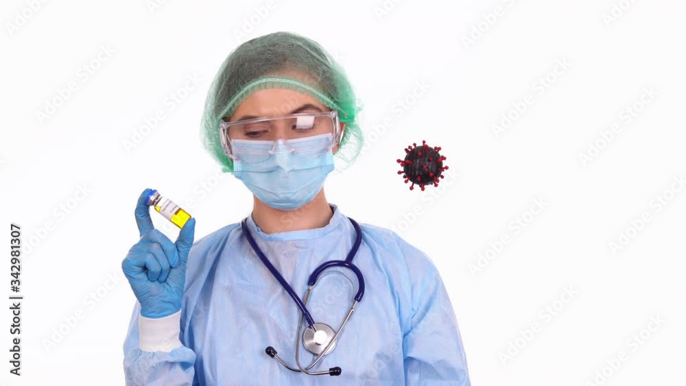 Young doctor stop COVID-19 virus pandemic with vaccine, medical science concept Young doctor stop COVID-19 virus pandemic with vaccine, medical science concept