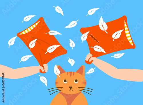 Pillow Fighting, Loving Femaly Enjoying. Indignant cat. Stock vector illustration in flat style.