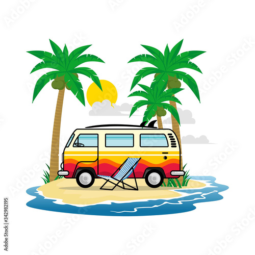 flat illustration summer holiday on beach with palm trees motorcycle, picnic car and blue water