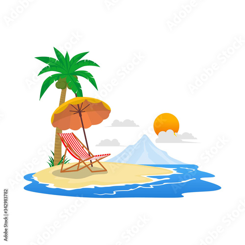 flat illustration summer holiday on beach with palm trees motorcycle, picnic car and blue water