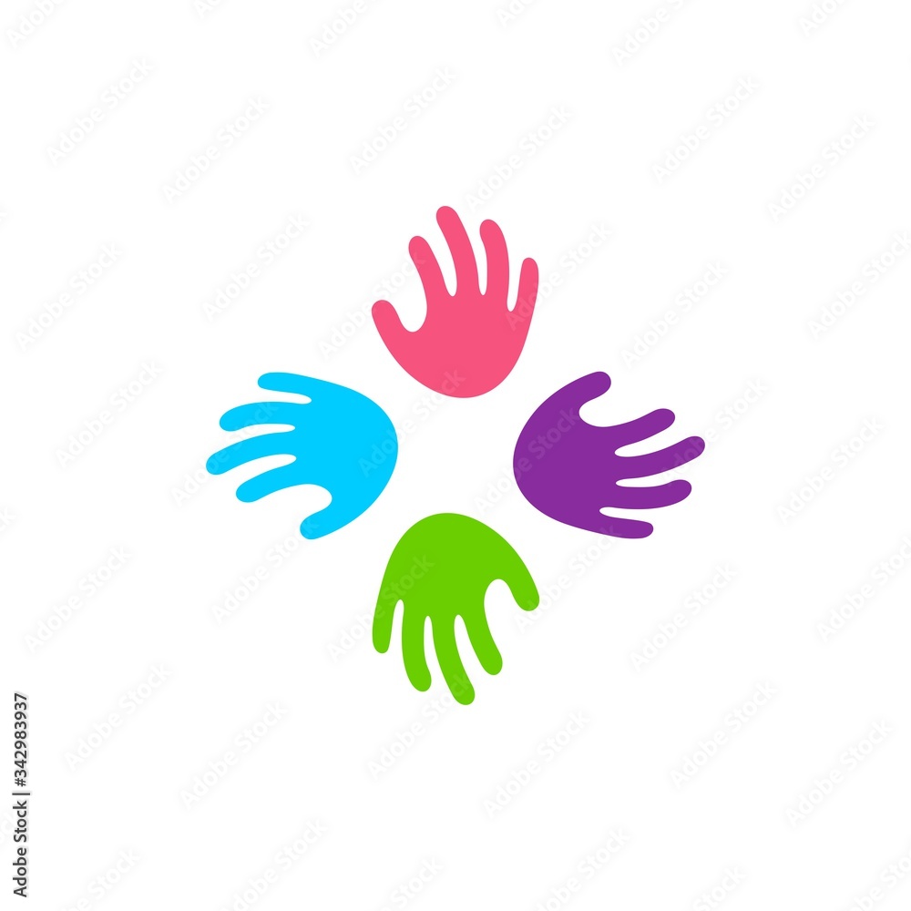 family hand logo, kindergarten teamwork colorful abstract hand team icon color print vector illustration logo playful and fun community