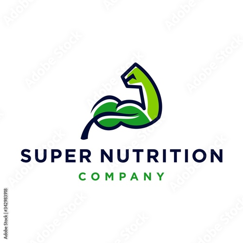 super nutrition logo with strong arm and leaf icon illustration vector template for healthy vitamin business, medical super food logo with strong hand symbol photo