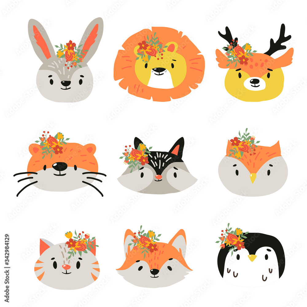 Cute Animals Heads with Flower Crown Vector Set