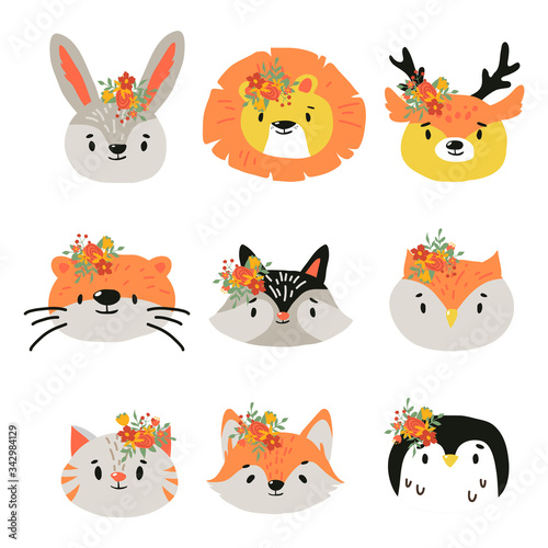Cute Animals Heads with Flower Crown Vector Set