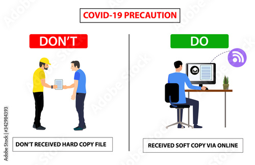Do and don't poster for covid 19 corona virus. Safety instruction for office employees and staff. Vector illustration of don't received hard copy from vendor and share soft copy with online.