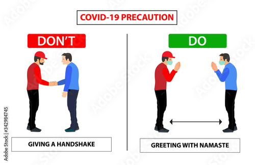 Do and don't poster for covid 19 corona virus. Safety instruction for office employees and staff. Vector illustration of namaste replacing handshake for stop virus spreading.