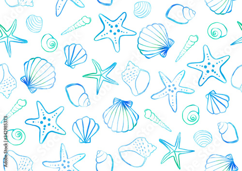 Background illustration of seamless pattern with seashells and starfish painted in watercolor