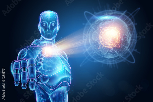 Artificial intelligence robot holds a hologram of the planet earth on his hand. Globalization, network, fast Internet, new technologies in communication. Copy space 3D rendering 3D illustration.