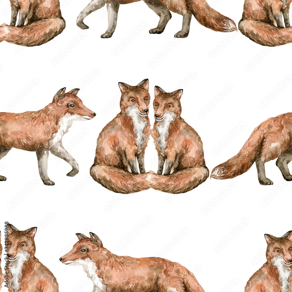 Watercolor seamless pattern with cute fox. Hand painted realistic illustration isolated on white background. Background with wild woodland animal for textile, wrapping, covers, decoration. Watercolor seamless pattern with cute fox. Hand painted realistic illustration isolated on white background. Background with wild woodland animal for textile, wrapping, covers, decoration.