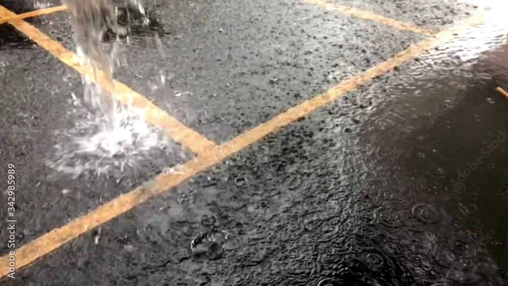 Unfocused blur heavy rain drops on asphalt or sidewalk in the market