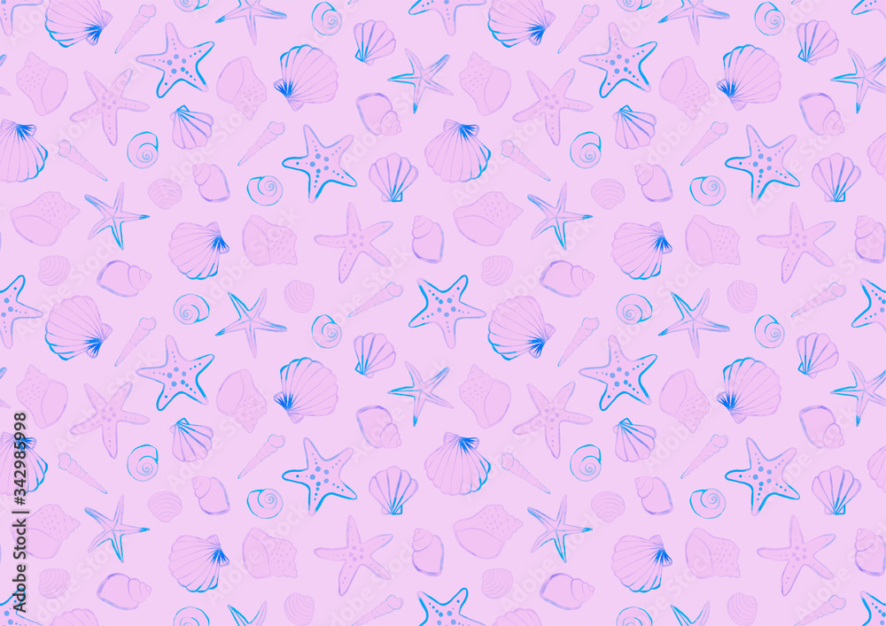 Background illustration of shellfish and starfish painted in watercolor