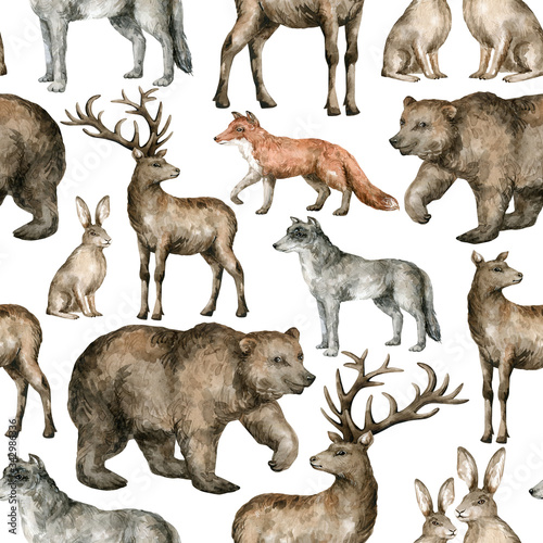 Watercolor seamless pattern with wild forest animals. Bear  deer  wolf  fox  hare. Background with woodland animal for textile  wrapping  covers  decoration.