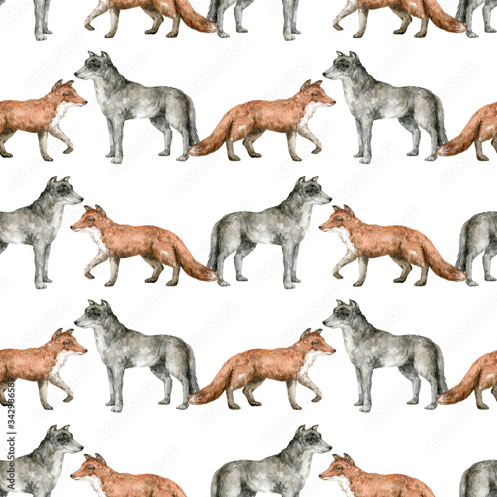Watercolor seamless pattern with wild forest animals. Red fox and grey wolf. Background with woodland animal for textile, wrapping, covers, decoration.