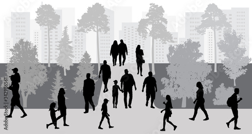City life. People walking in park, silhouettes. Vector illustration.