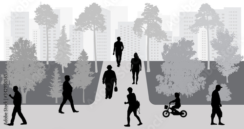People in move in park, urban life, silhouettes. Vector illustration.