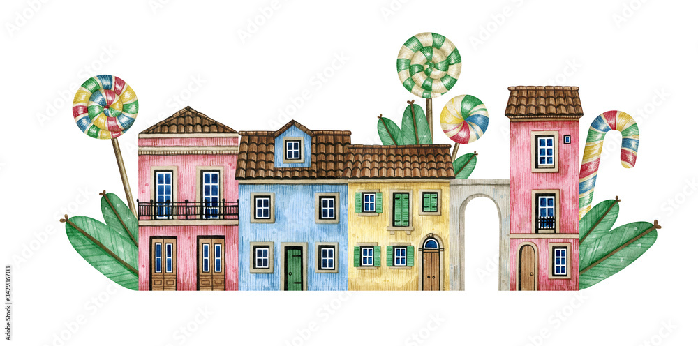 Watercolor hand-drawn Portugal street with rural houses and lollipops. Cute suburban old European houses. Brick walls, tile roof, wooden doors, sweets. Colorful cozy rural home, leaf, candy