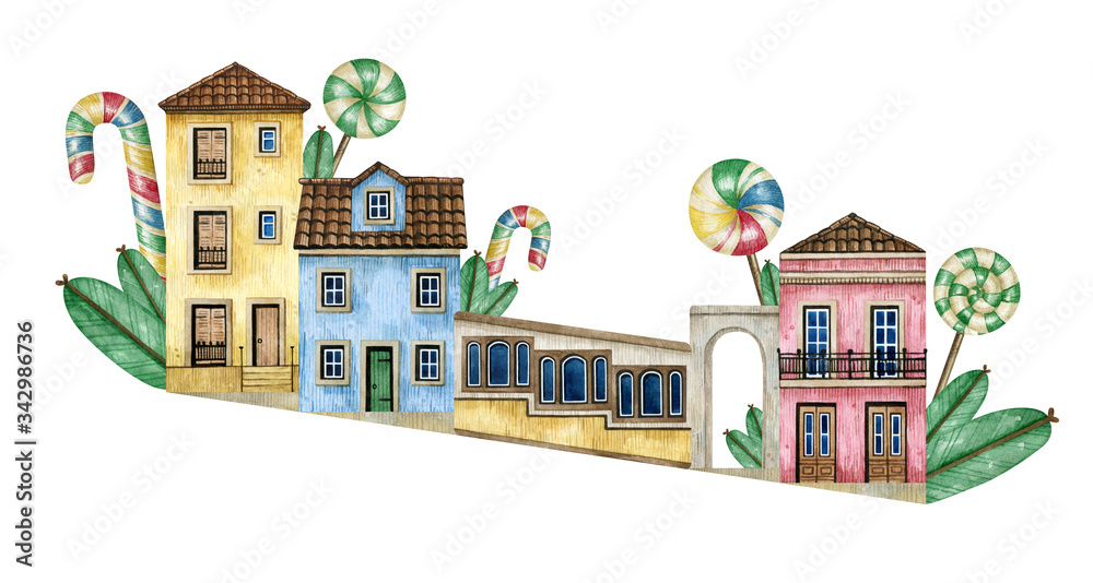 Watercolor hand-drawn Portugal street with rural houses and lollipops. Cute suburban old European houses. Brick walls, tile roof, wooden doors, sweets. Colorful cozy rural home, funicular, leaf, candy
