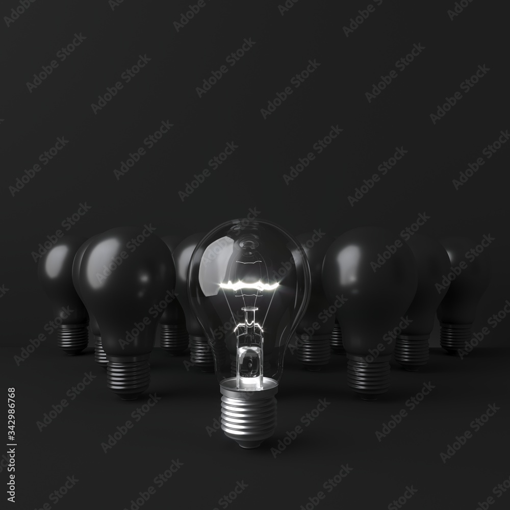 Outstanding one Light bulb Glowing with black light bulb on black background. Minimal concept idea. 3D Render