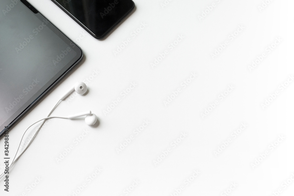 work station. tablet, headphone, mobile on white background. flat lay. work station. tablet, headphone, mobile on white background. flat lay.