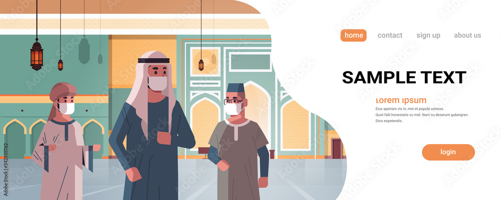 arab men in medical masks coming to nabawi mosque building quarantine covid-19 quarantine pandemic concept people praying in traditional clothes horizontal portrait copy space vector illustration