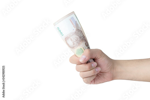 hand holding money isolated on white background.