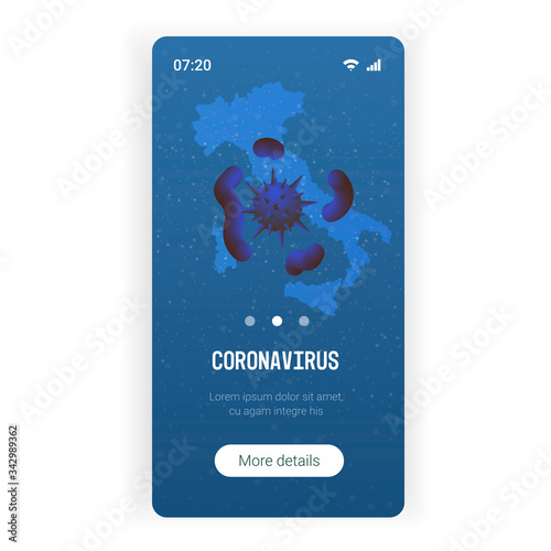 coronavirus outbreak in italy corona virus spreading prevention covid-19 pandemic quarantine map with 2019-nCoV bacteria cell smartphone screen mobile app copy space vector illustration