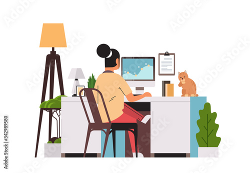 woman freelancer using computer monitor working at home during coronavirus quarantine self-isolation freelance social distancing concept horizontal full length vector illustration