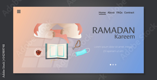 religious muslim character praying ramadan kareem holy month religion concept horizontal copy space vector illustration