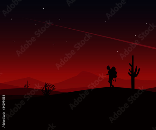 landscape vector art silhouette of a Traveler man in the desert