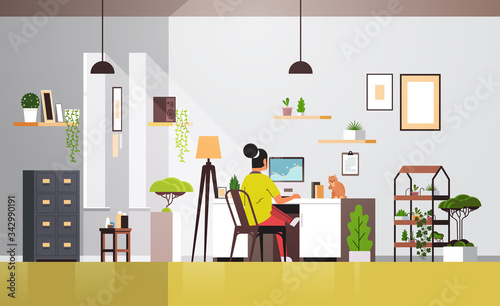 woman freelancer using computer monitor working at home during coronavirus quarantine self-isolation social distancing concept living room interior horizontal full length vector illustration