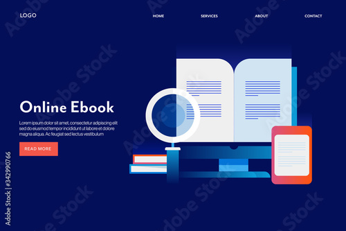 Ebook reading on computer, digital learning, online education app on digital devices, search and study concept. Web banner template with text.