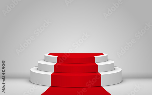 white podium and red carpet with spotlight in the white room