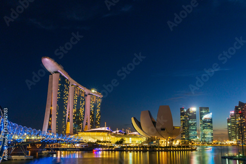 Skyline in Marina Bay at night, Singapore.