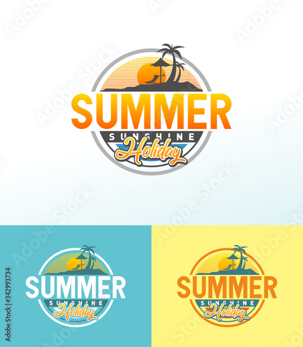 summer holiday logo with sunset and chair, palm trees on the beach