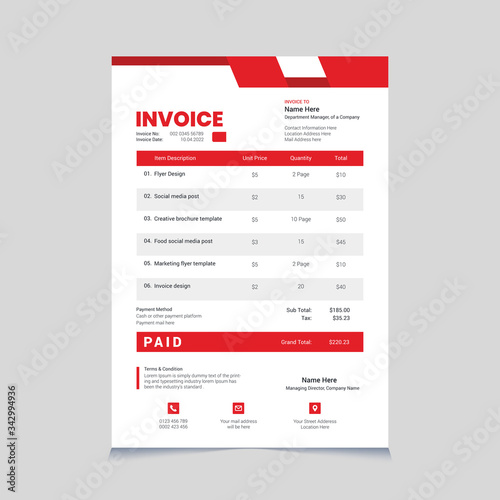 Corporate red abstract modern invoice template