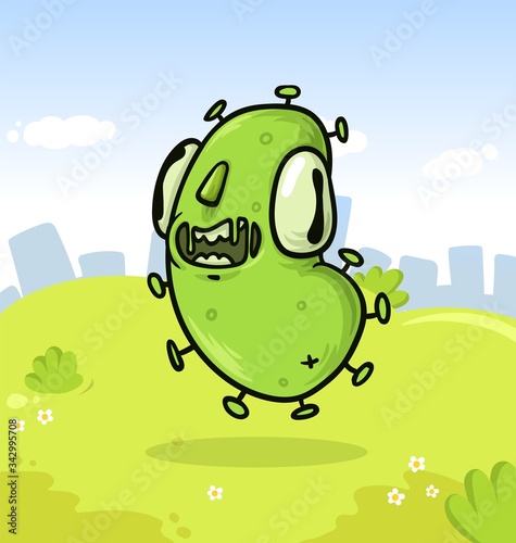 Funny green virus cartoon monster character on summer city background. Colorful flat vector illustration.