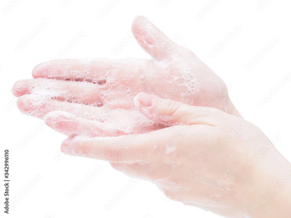 Soap hands close-up on a white background. Step-by-step instructions for hand washing. Protection measures against the virus and coronavirus in the pandemic and epidemic of flu and colds Soap hands close-up on a white background. Step-by-step instructions for hand washing. Protection measures against the virus and coronavirus in the pandemic and epidemic of flu and colds