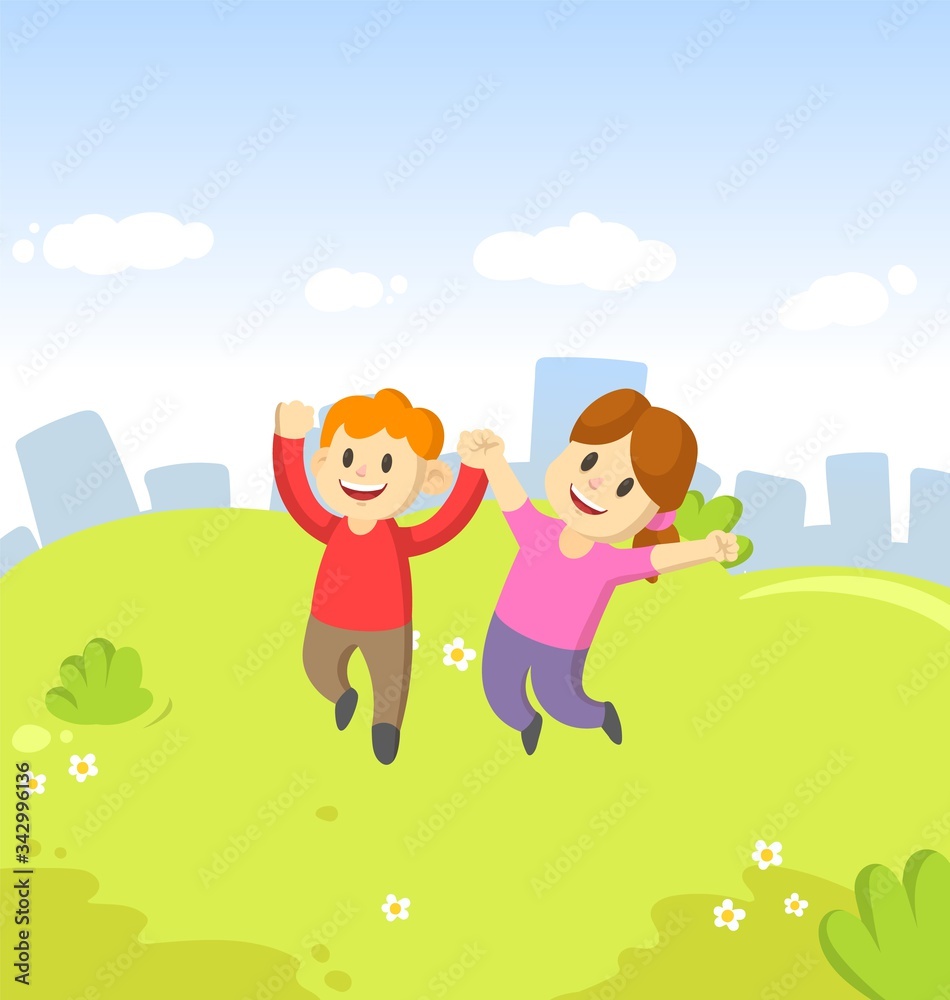 Happy young boy and girl cartoon characters jumping for joy with their hands in the air on city and blue sky background.