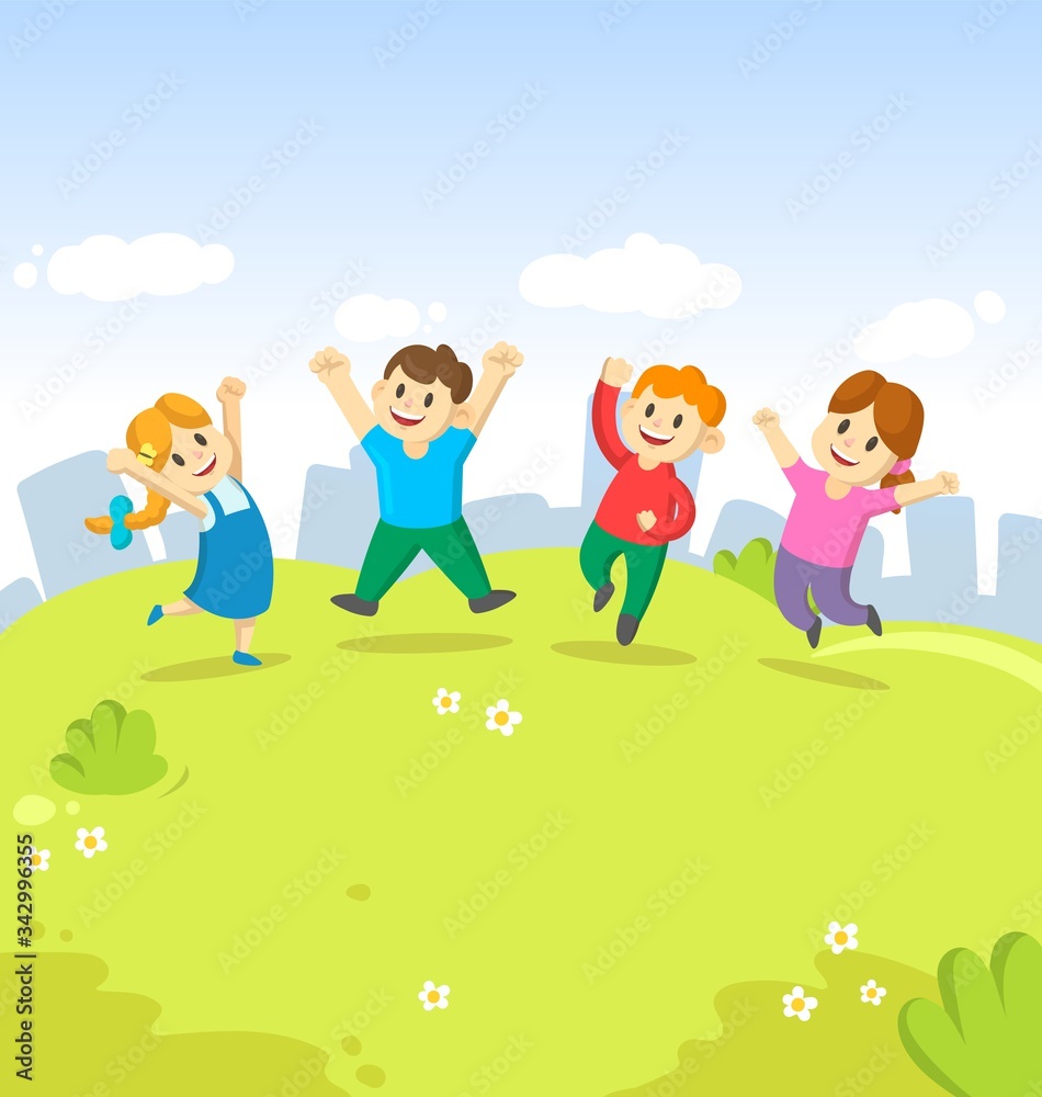 Four cute kids jumping for joy together on the grass on city background. Childhood, playground, fun. Colorful cartoon flat vector illustration.