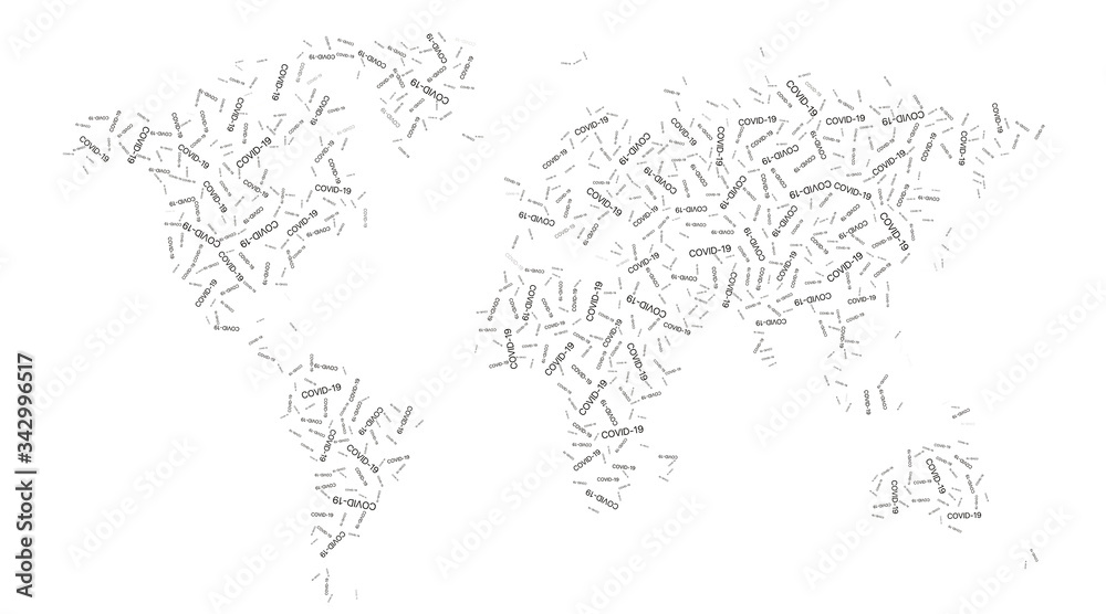 Fototapeta abstract text illustration of world map consisting of the word covid-19 coronavirus