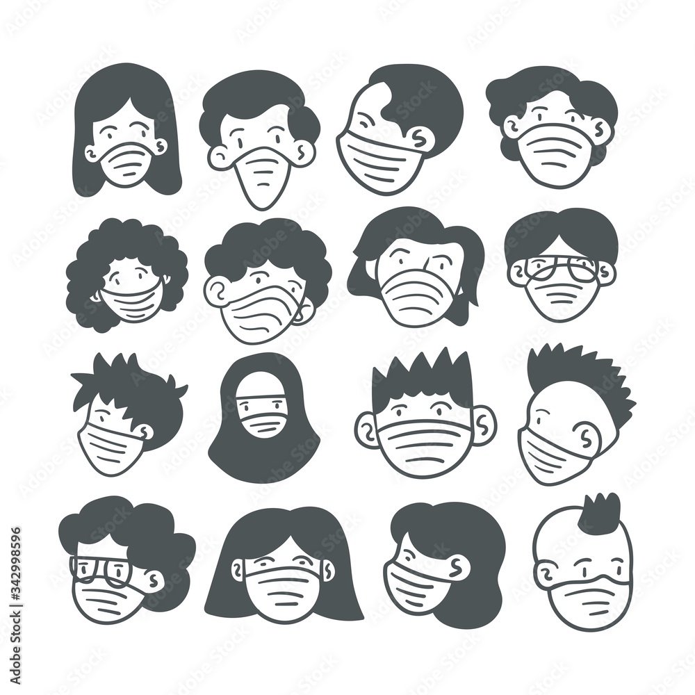 set of people head with mask vector illustration set of people head with mask vector illustration