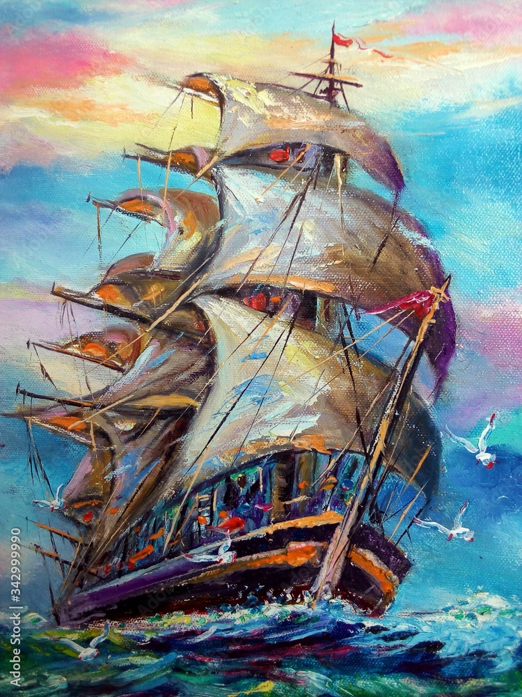 art  oil painting   sailboat , barque in sea from thailand ,   junk boat - obrazy, fototapety, plakaty 